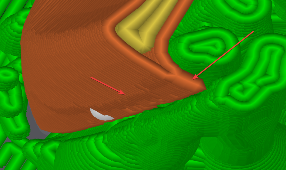 Interested area of the edge of the overhanging cap border. Merge in the 2 lines is clearly visible and arrows point to the visual artifacts that are present on the side of the keycap as the consequence of this setting at 85%.